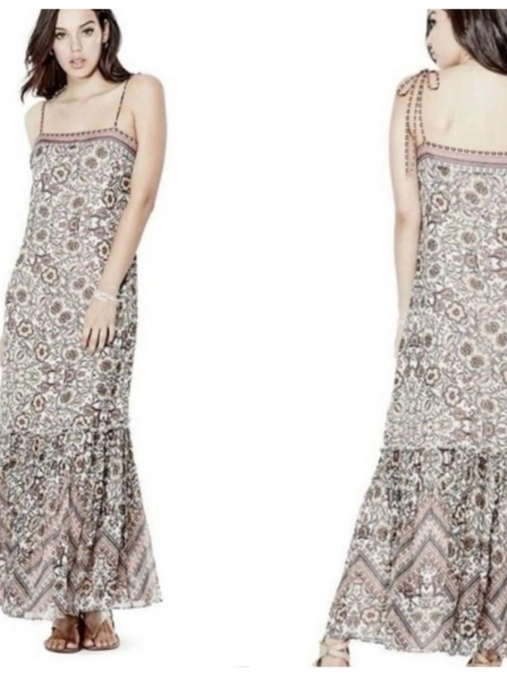 Gues Bohemian Floral Maxi Dress neutral colors lined ruffle